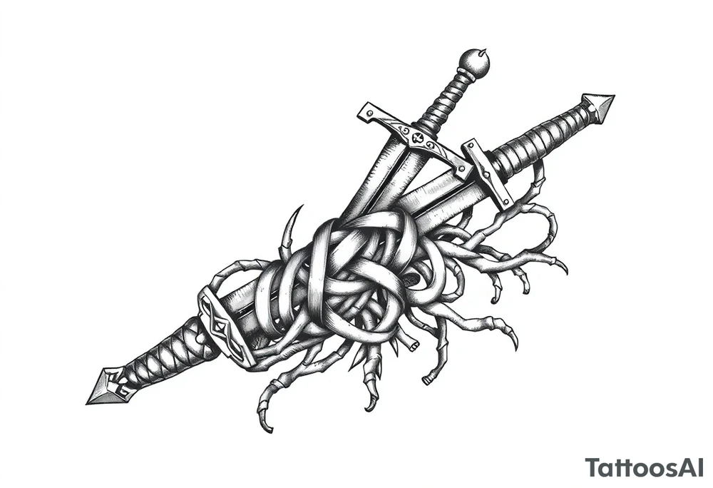 Armband tattoo of a sword with covered in a Celtic knot roots tattoo idea