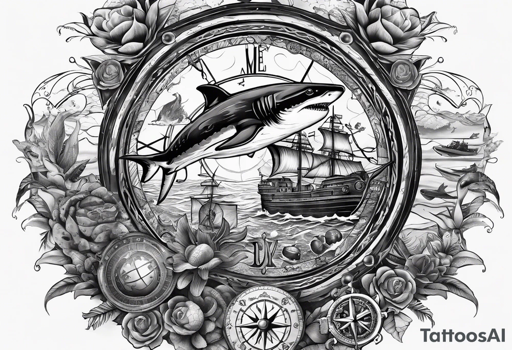 Nautical theme leg tattoo with shark, turtle, treasure map, compass, octopus, bell diver tattoo idea