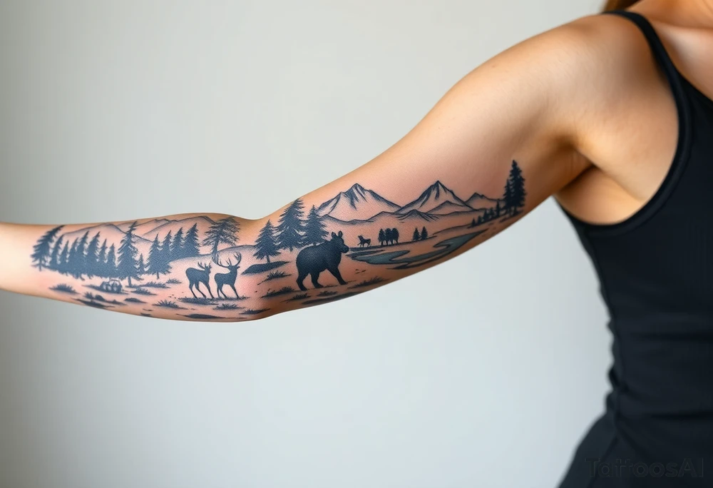 A full-sleeve with the Härjedalen landscape, reindeer, bear, lakes tattoo idea