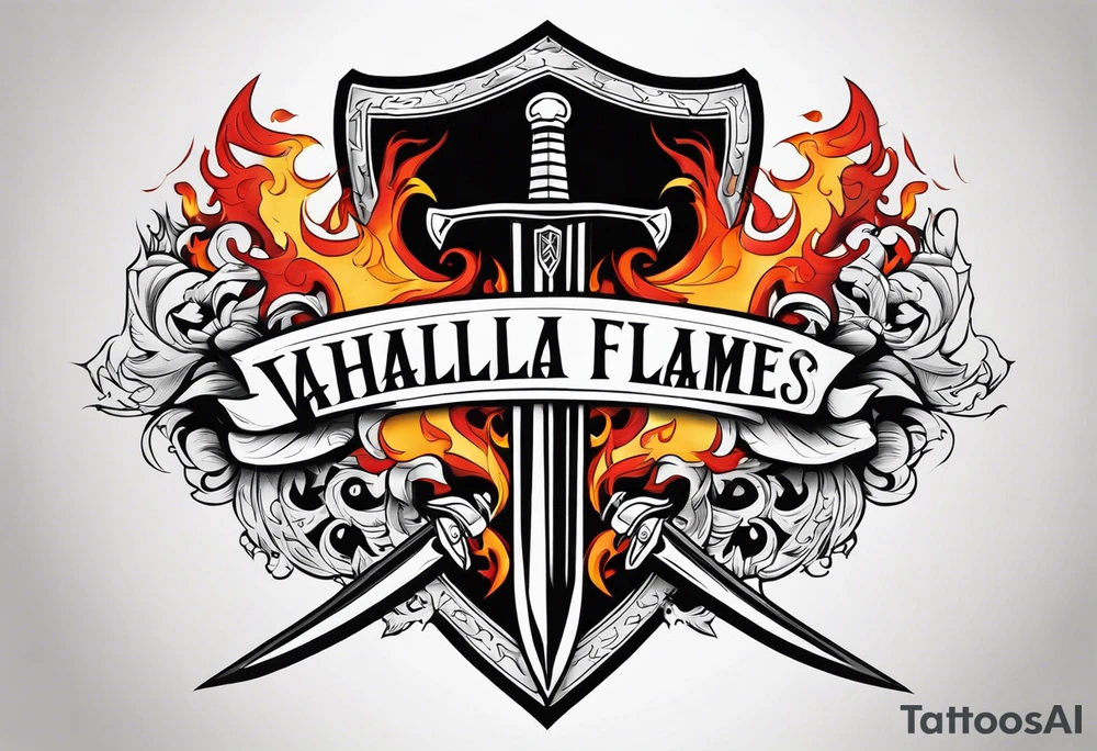 Valhalla flames shield sword tattoo idea