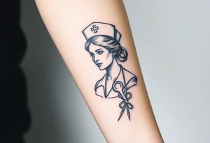 Nurse with nurse hat and a needle in an elaborate vintage cameo tattoo idea