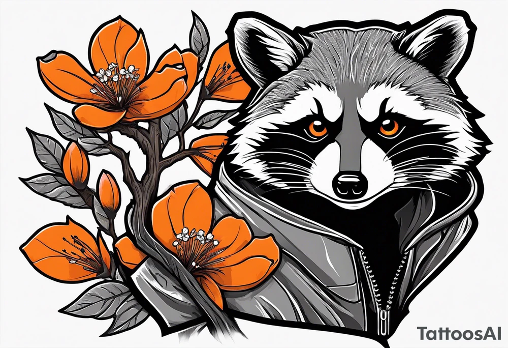 Raccoon wearing a white Superman logo on a black hoodie and orange Japanese cherry blossoms tattoo idea