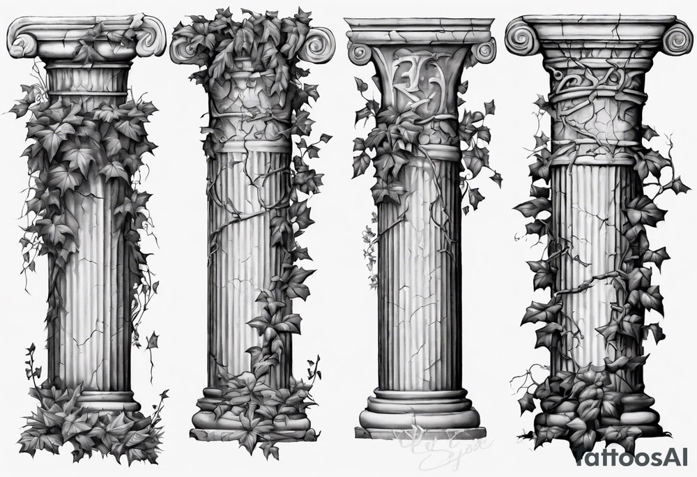 An old roman pillar in the Ionian style with the word "OMNIA" inscribed on the frieze. It has cracks on the shaft and overgrown ivy on the stylobate and stereobate. It is turned 17 degrees to the right. tattoo idea