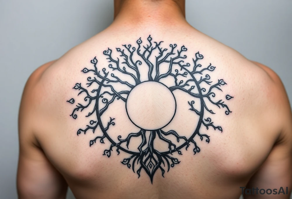 yggadrisl tree of life with circle. Jai , Phoebe, Imogen, Matilda in the circle tattoo idea