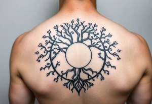 yggadrisl tree of life with circle. Jai , Phoebe, Imogen, Matilda in the circle tattoo idea