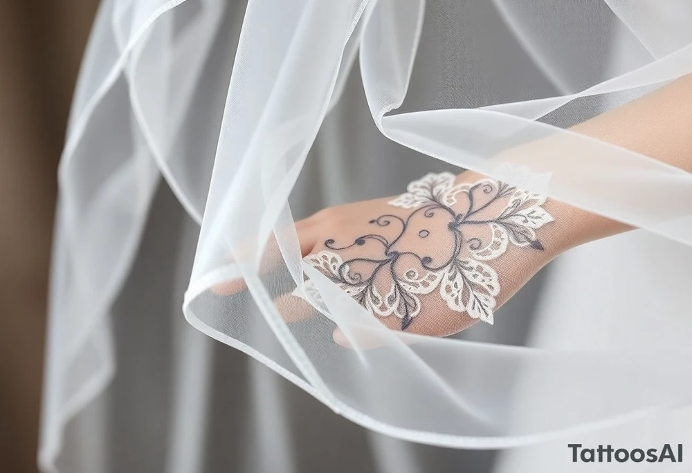 A delicate wedding veil flowing in the wind, adorned with lace patterns and soft, romantic shading tattoo idea