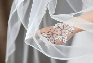 A delicate wedding veil flowing in the wind, adorned with lace patterns and soft, romantic shading tattoo idea