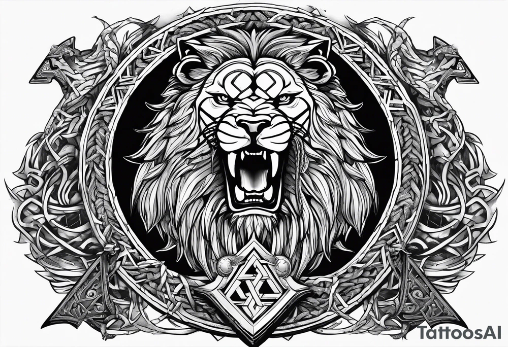 Valhalla sword shield  axe lion 
Valknut barbed wire chains tattoo idea