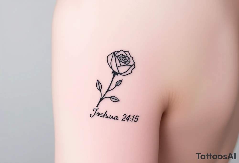 fine-line rose on my inner wrist, with the stem flowing down into the word Joshua 24:15 in tiny clean text underneath. photo of it tattoo idea