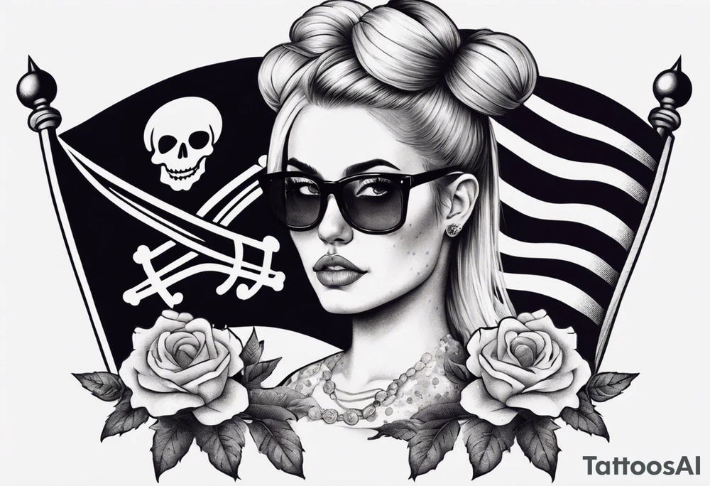 pirate flag with a female skull wearing glasses with two blonde buns and crossbones underneath, no hat tattoo idea