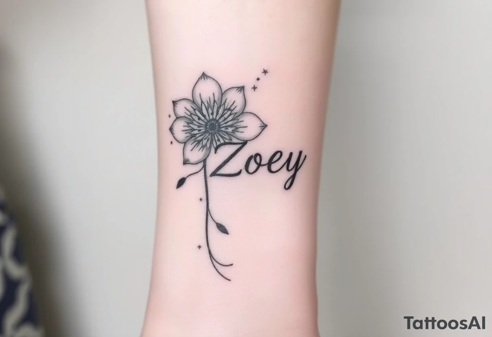I want it on my wrist. I want a beautiful flower on the inside of my wrist with tendrils down the inside of my arm with little delicate stars or motes and the name Zoey

Why are you showing it on a back? I want it on the inside of my wrist

I want it to be a little smaller. I want the lines to be super fine. I want more organic delicate tendrils. The name Zoey should be about 3" up on the inside of my arm 

I just want the tendrils to look more natural and flowy and graceful.
I do not want stars in it anymore. 
Please show it on the inside of the wrist with the blossom just below the palm and the tendrils curling up the inside of the arm. I want a little more tendrils with some little sparkles very delicate leading to the name tattoo idea
