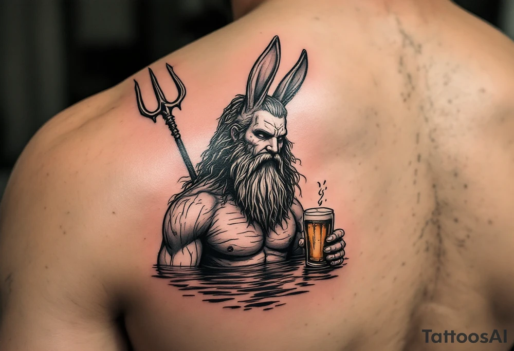 poseidon with trident half way in calm water with a beer and bunny ears tattoo idea