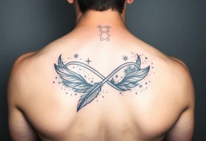 infinity symbol woven with floating feathers and stardust tattoo idea