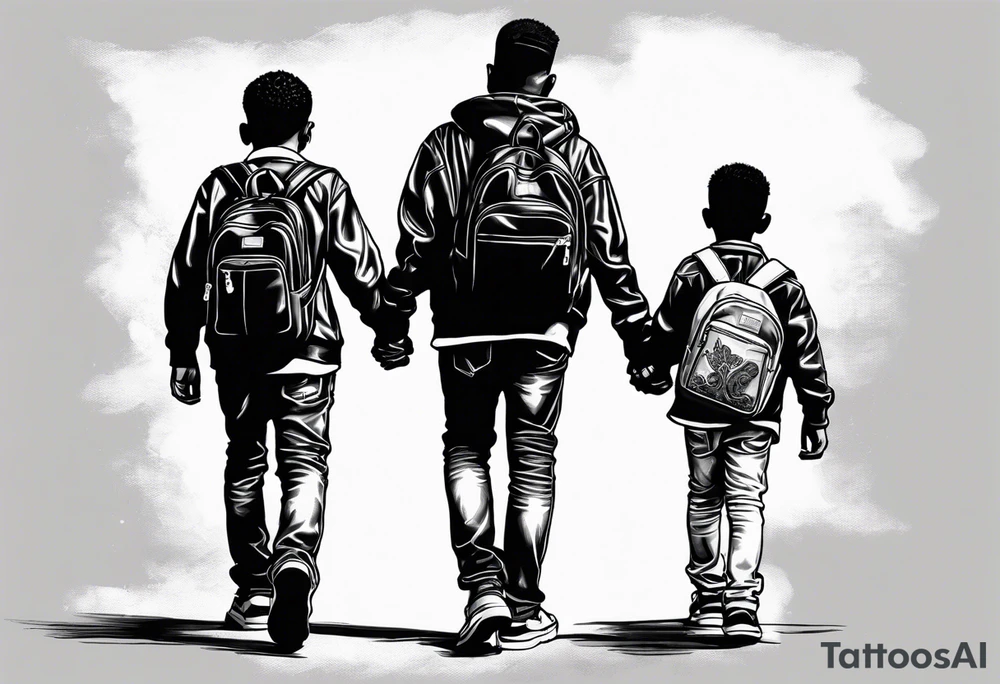 3 black school age brothers walking away together  you can see their full bodies and one is looking to the side showing the side of his face tattoo idea