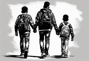 3 black school age brothers walking away together  you can see their full bodies and one is looking to the side showing the side of his face tattoo idea