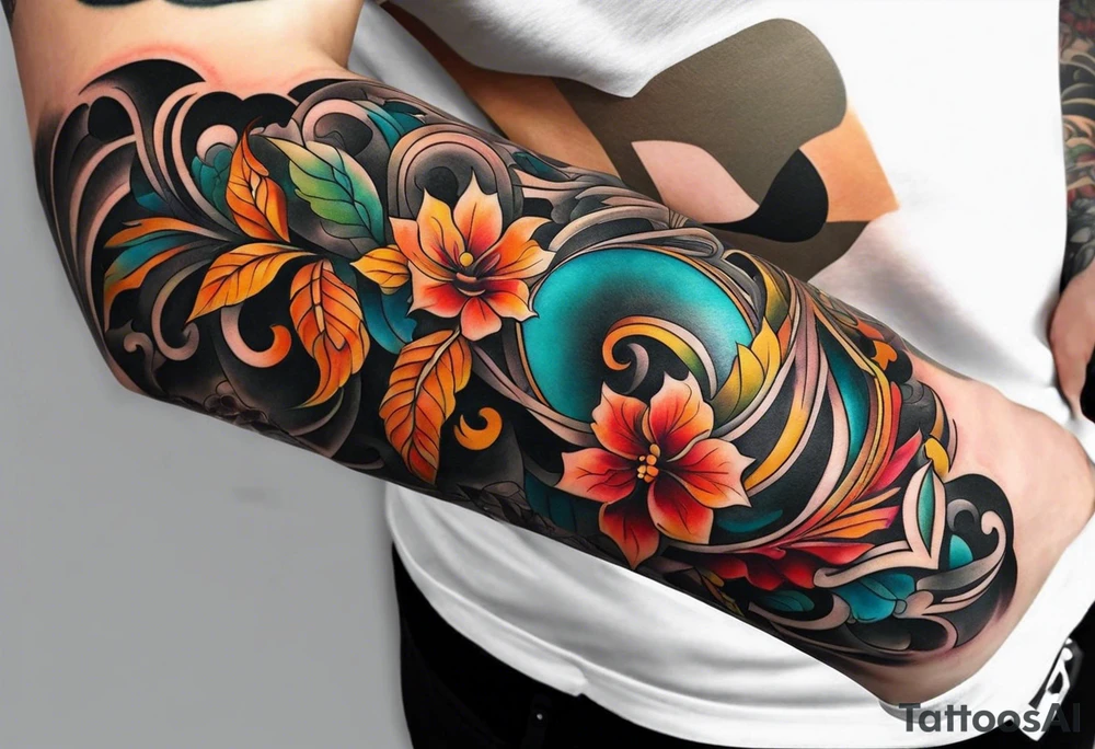 Arm Sleeve Tattoo with fall colors flat tattoo idea