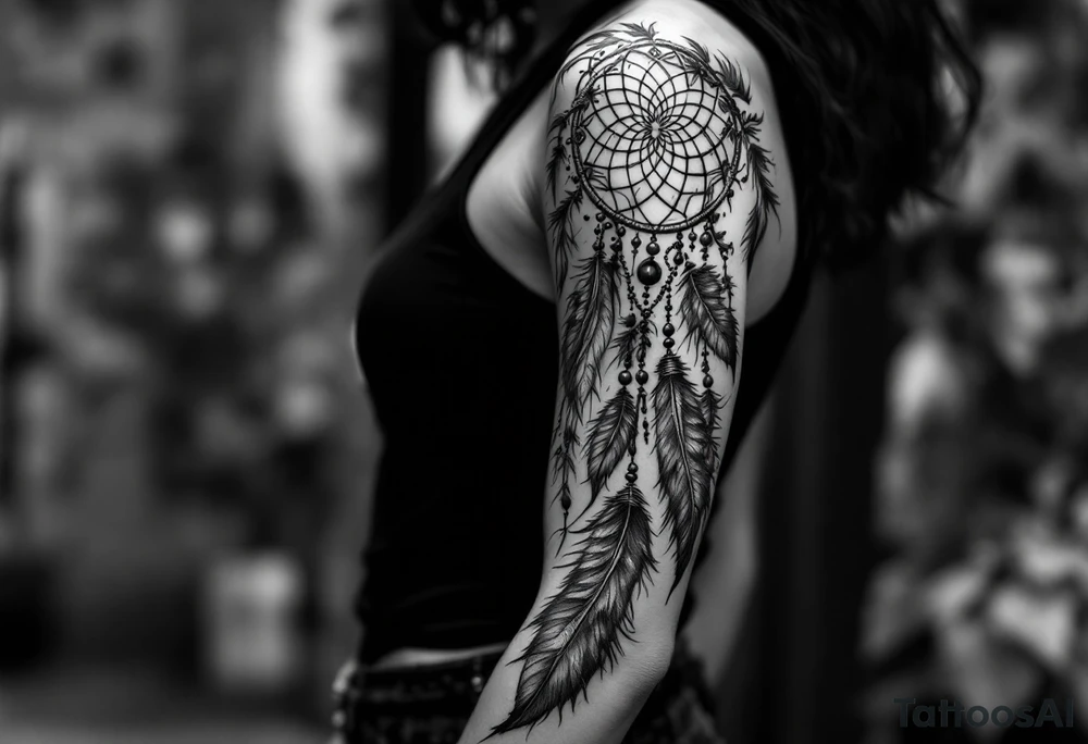 native dreamcatcher with flowing feathers and sacred beads tattoo idea