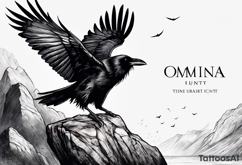 raven landing on a rock with the roman numeral seven and the text Omnia Urunt inscribed on it. tattoo idea