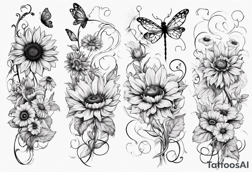 Arm sleeve, sunflowers, dragonflies, three cosmos flower, one violet, one carnation, vines , leaves, butterflies and bees tattoo idea