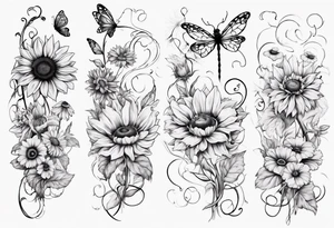Arm sleeve, sunflowers, dragonflies, three cosmos flower, one violet, one carnation, vines , leaves, butterflies and bees tattoo idea
