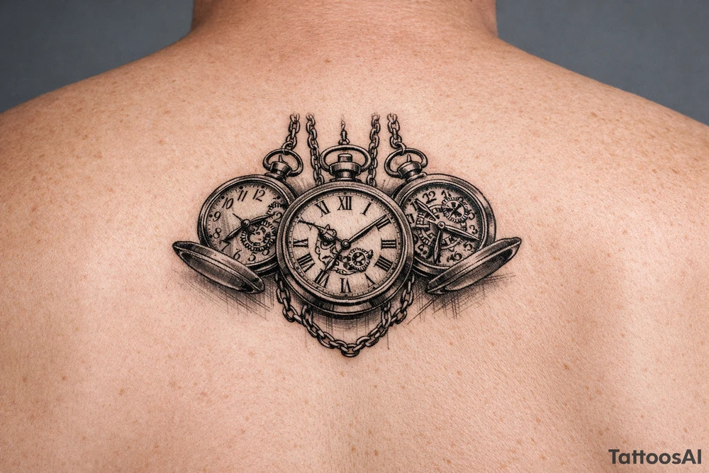 Cluster of three open pocket watches, suspended on chains. on upper arm tattoo idea