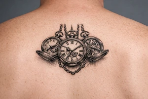 Cluster of three open pocket watches, suspended on chains.  on upper arm tattoo idea