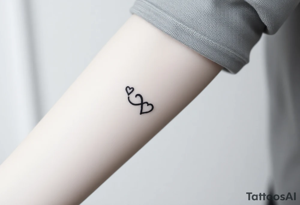 A minimalist infinity symbol with two tiny hearts at the end of each loop, rendered in a thin, black ink for a subtle, timeless look tattoo idea