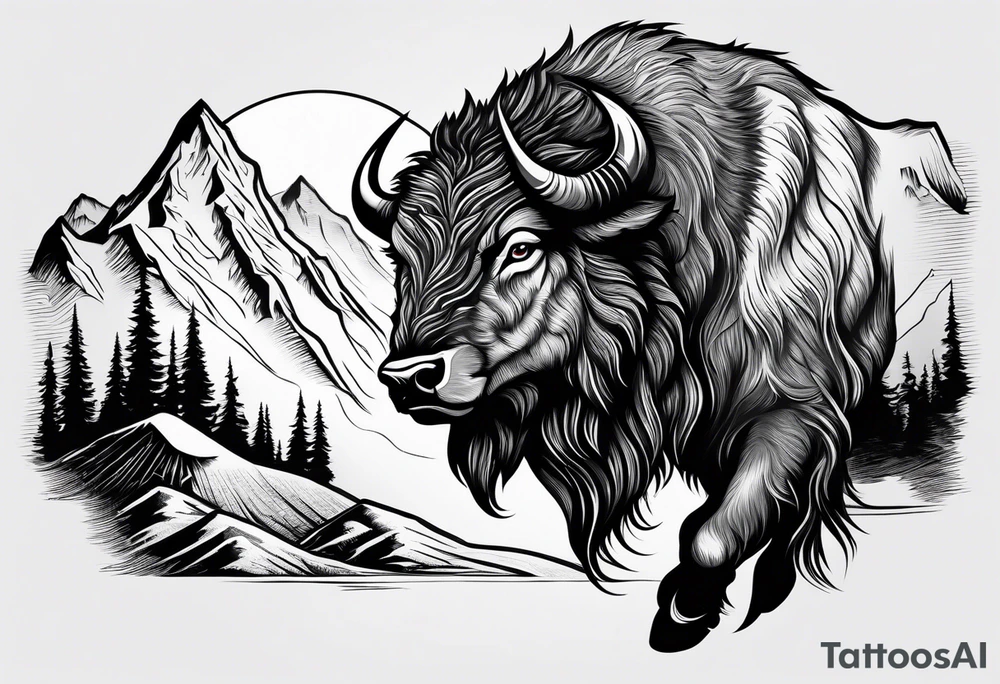 Mountains cowboy bison wolf tattoo idea