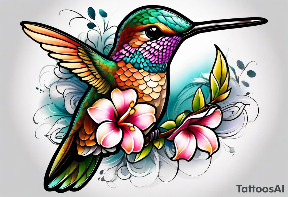 Hummingbird with a plumeria masculine style colorful tattoo idea