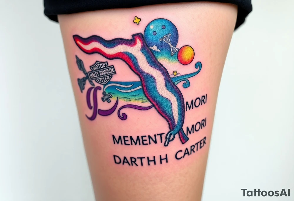 colorful futuristic memory tattoo for passed boyfriend; Florida, gulf coast water, Harley Davidson, skateboarding, puzzle pieces, video games, heaven, god, outdoors, beretta 9mm gun, disc golf, words "MEMENTO MORI" & DARTH CARTER tattoo idea