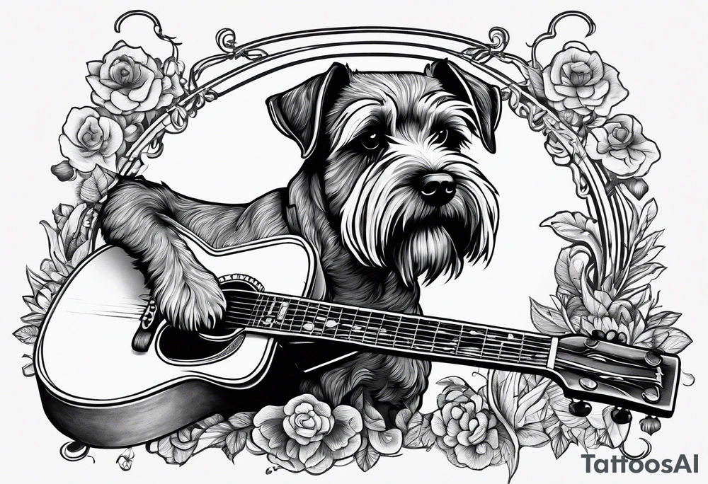 Miniature schnauzer playing guitar tattoo idea