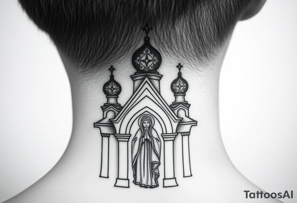 Flowing Scene

A onion domes orthodox church
Virgin Mary in prayer pose on the front doors of the russian orthodox church 
A small double headed russian coat of arms eagle or just the star tucked above the dome near the hairline tattoo idea