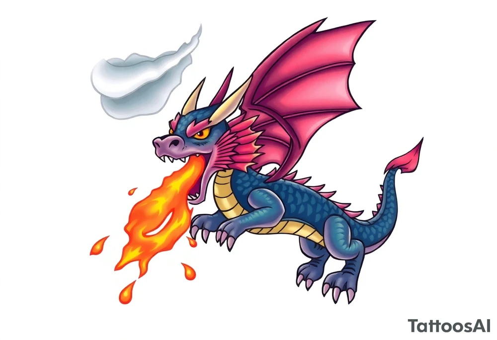 fierce dragon breathing iridescent fire against stormy skies tattoo idea