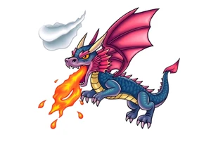 fierce dragon breathing iridescent fire against stormy skies tattoo idea