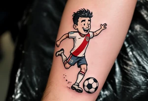 A tattoo of a soccer player mid-kick, wearing Slavia Praha’s white and red jersey, striking a ball with the club crest on it. tattoo idea