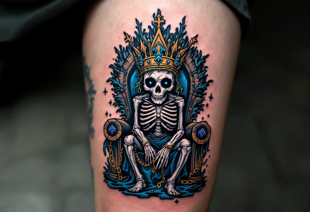 Drowned Pirate King – A skeletal pirate in a decayed, seaweed-covered crown, sitting on a barnacle-crusted throne at the bottom of the sea. His empty eye sockets gleam with deep-sea blue light, and broken golden chains dangle from his wrists. tattoo idea