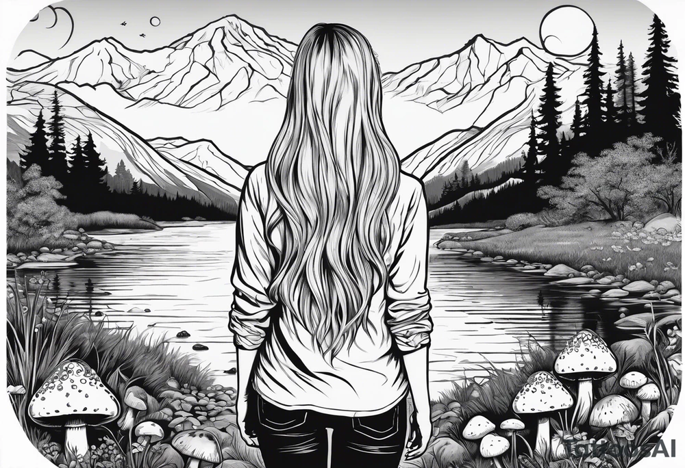 Whole picture encircled fully

Straight long blonde hair hippie girl in distance holding mushrooms in hand facing away toward mountains and creek surrounded by mushrooms long sleeve shirt and hiking pants; whole rendering within a full circle, no cut off circle tattoo idea