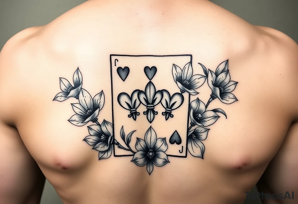 6 of hearts card with fleur de lis as the hearts and magnolias in the background tattoo idea