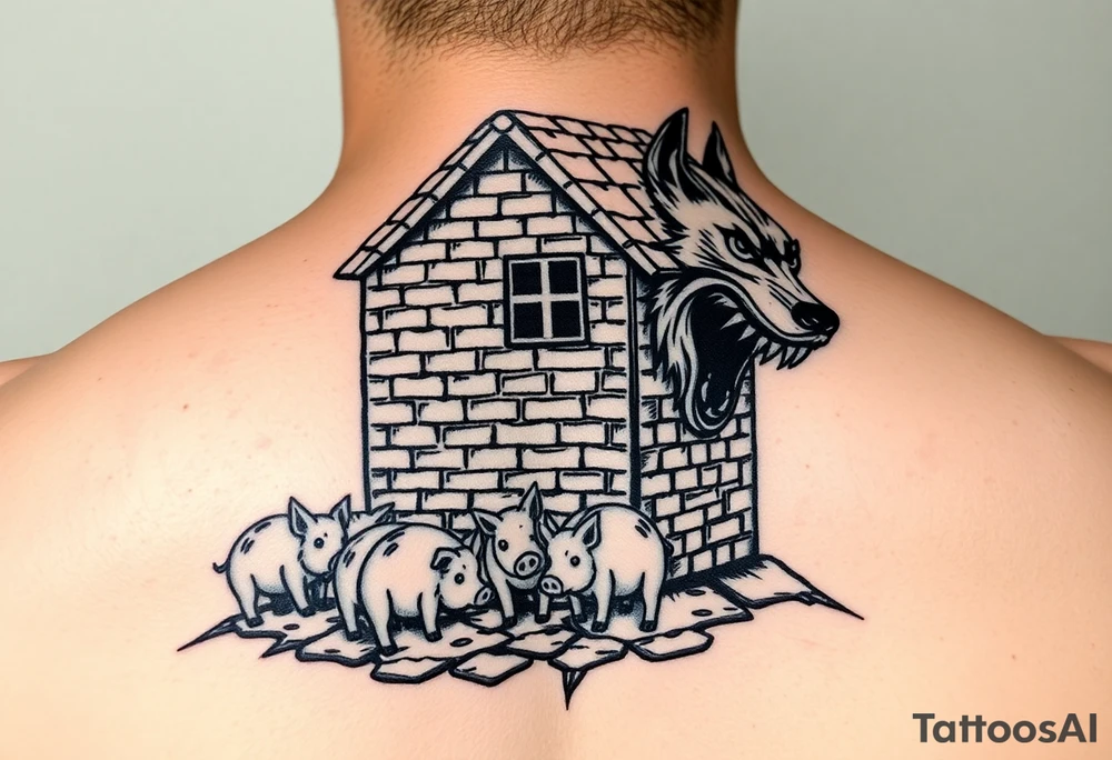 Brick house being blown off 3 little piggy's by a big bad wolf tattoo idea