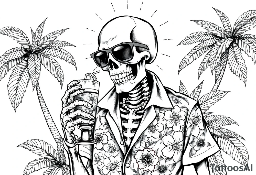 a skeleton in hawaiian shirt, palms, a cocktail,sun,sun-glasses,"Take it easy and relax"! tattoo idea