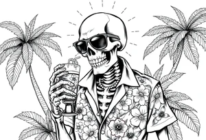 a skeleton in hawaiian shirt, palms, a cocktail,sun,sun-glasses,"Take it easy and relax"! tattoo idea