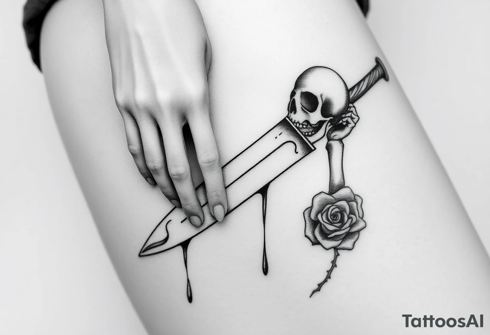 en el caos encontré mi forma favorita 
de amarte somos veneno y promesa.  Add around 

Woman’s hand reaching down grabbing blade handle, skeleton head on right under blade, rise on right under blade, blood dry from tip of blade, skeleton hand reaching for Blade tip. Just the hand and place above blade handle reaching for handle. Skull and rose underneath blade. Just the skeleton hand reaching for tip of knife which is dripping blood. tattoo idea
