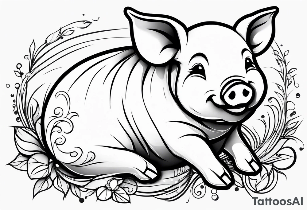 very cute chubby happy piglet.
outline only.
black and white only.
only show the piglet. no extra lines or decoration.
no black shading.
dont make the ears too big.
draw very thin lines tattoo idea