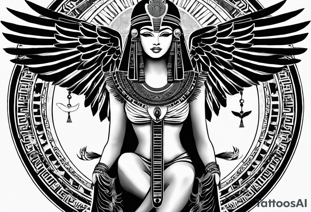black and white Egyptian goddess Isis, who is often depicted as a woman with outstretched wings, holding an ankh (a symbol of life) in one hand and a lotus flower in the other. Her headdress often includes a throne or a solar disk. The tattoo design can vary in style and size, but it typically aims to capture the essence of this revered Egyptian deity, emphasizing her beauty, power, and maternal qualities. The choice of colors and additional elements can also be customized to create a unique and visually striking representation of the goddess Isis tattoo idea