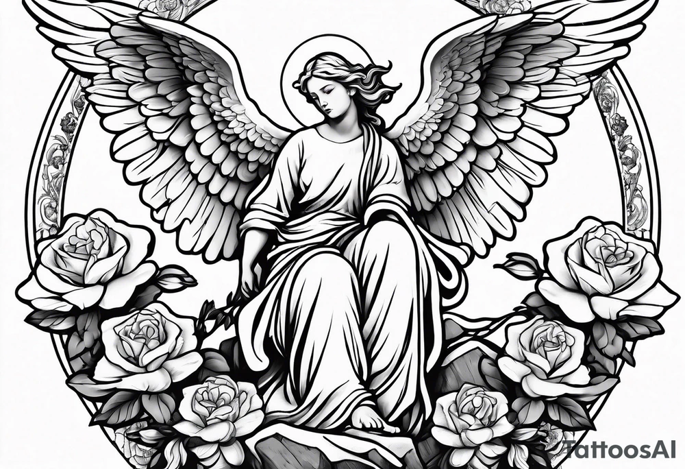 Simple Angel statue stood on a rock with daffodils and roses wrapped around its legs tattoo idea