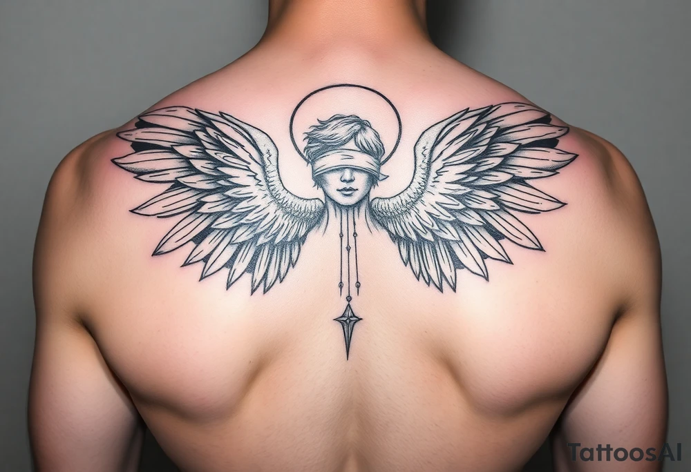 Dante Mikha'el angel who has grateful 4 wings scattered in the sky, 
Whitc shaining halo and blindfold tattoo idea