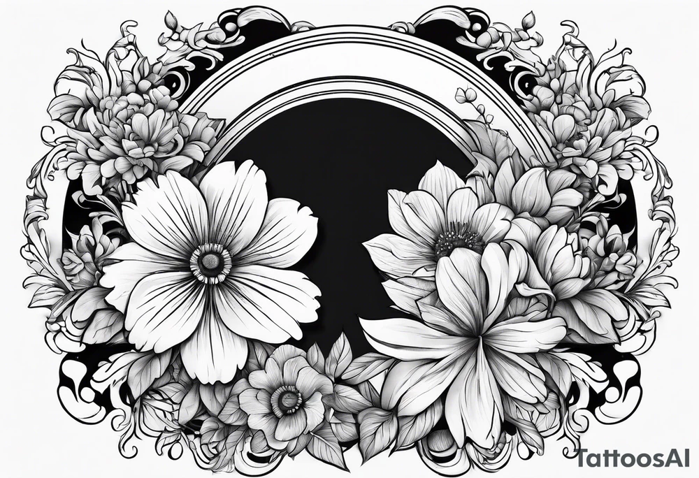 Round boarder with empty space in the inside surrounded by flowers tattoo idea