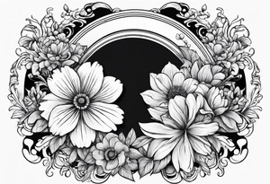 Round boarder with empty space in the inside surrounded by flowers tattoo idea