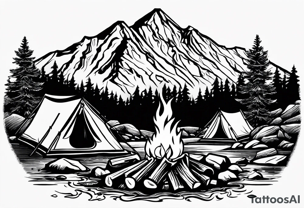 small camp fire at the base of a mountain tattoo idea