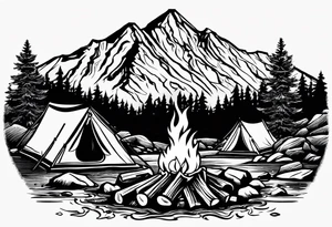 small camp fire at the base of a mountain tattoo idea